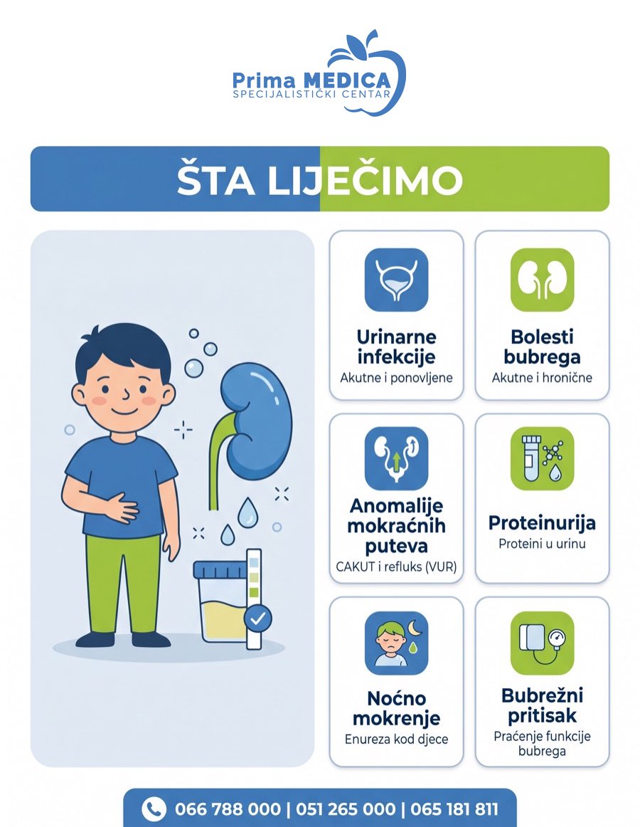 Infografika: šta liječi dječiji nefrolog - urinarne infekcije, bolesti bubrega, anomalije mokraćnih puteva (CAKUT i refluks), proteinurija, noćno mokrenje (enureza), praćenje bubrežnog pritiska - Prima MEDICA